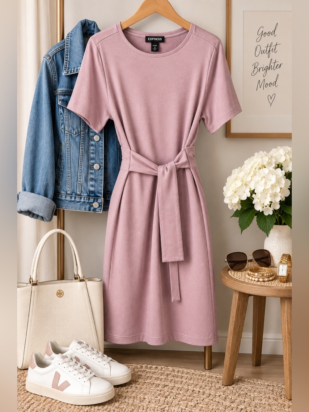 Express Pale Pink Tie Waist Oversized T-Shirt Mini Dress